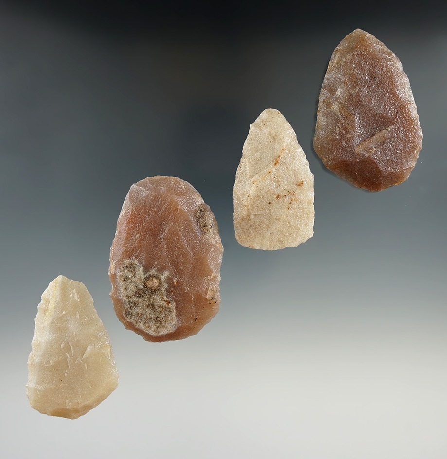 Set of four very nice sugar quartz blades found near Hixton, Wisconsin. Largest is 2 7/16".