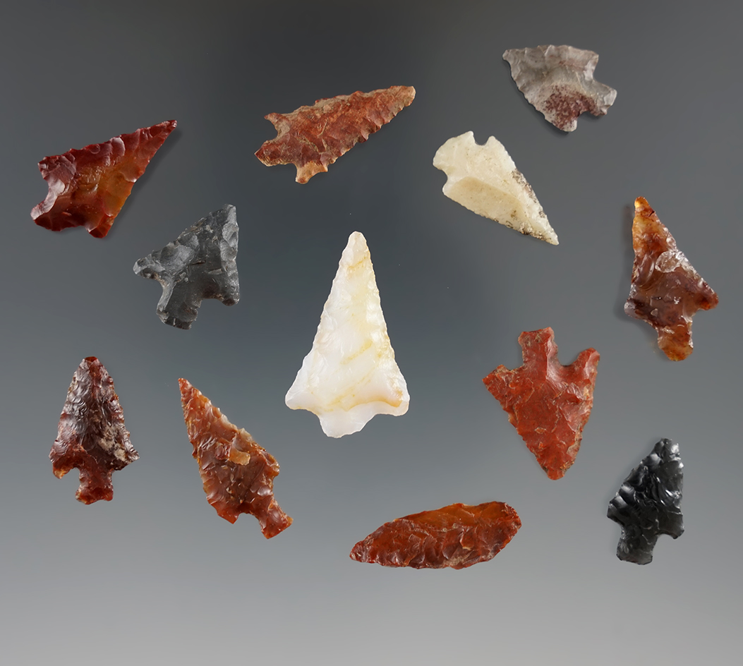 Set of 12 Columbia River arrowheads, largest is 1 3/16". Found in Owasco County Oregon.