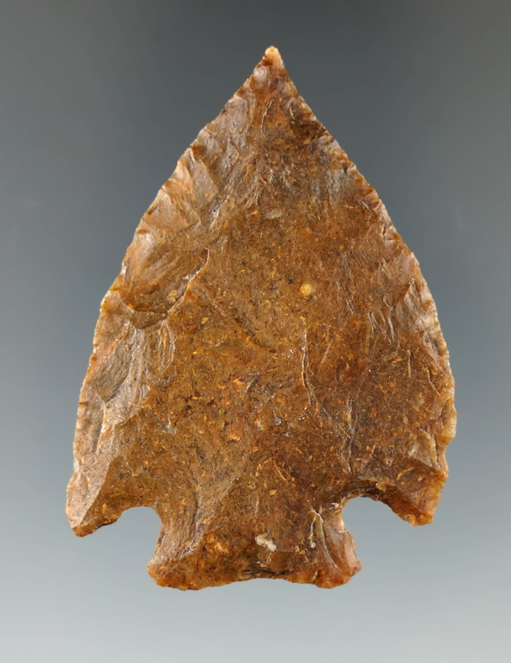 Rare 2 5/16" needle tipped Conejo type point from Texas. Very thin and nice caramel flint.