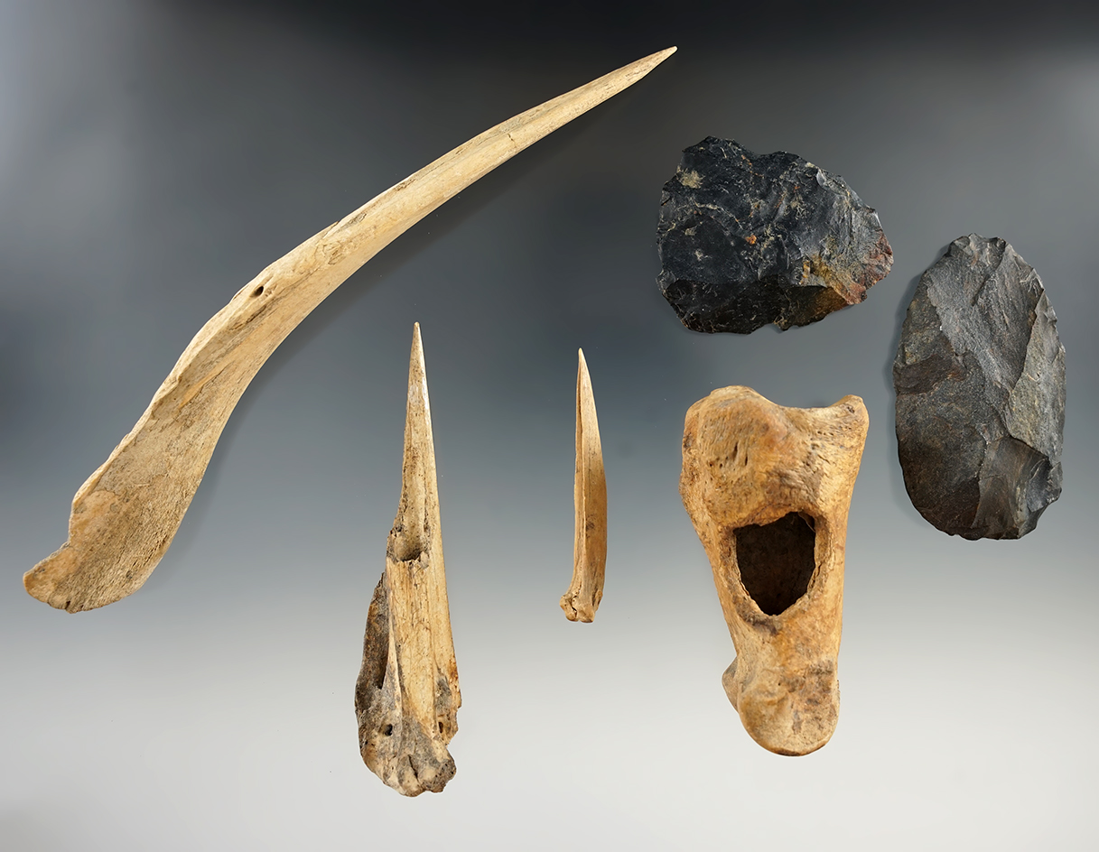 Group of six Reeves site bone and Flint artifacts found in Ohio. Largest is 6 1/2".