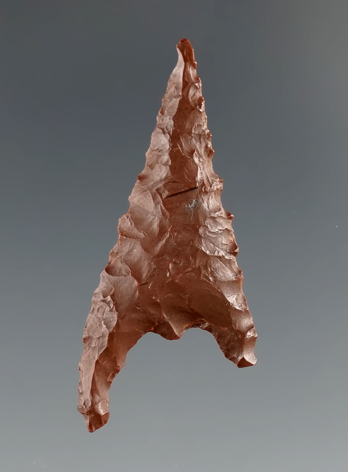 1 7/16" brown Jasper Gunther point found in southern Oregon.