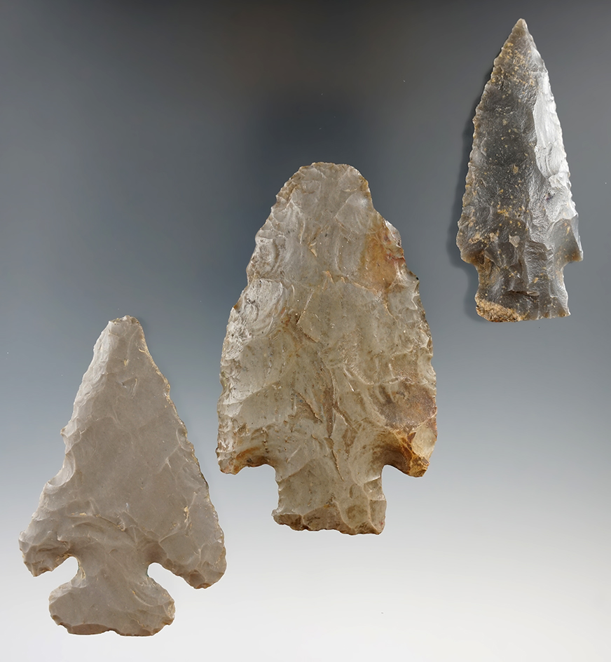 Set of three Flint knives found in Kentucky and Illinois, largest is 3 1/8". Ex. Don Simmons.