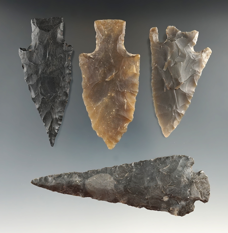 Set of four assorted Texas arrowheads, largest is 3 13/16".