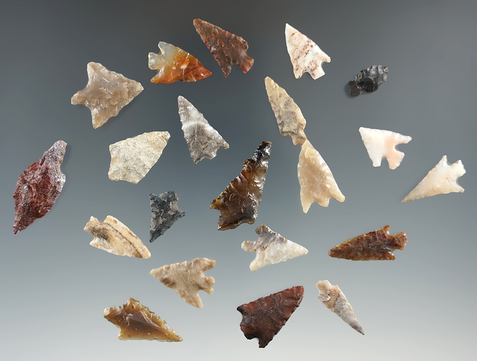 21 assorted Columbia River arrowheads, largest is 1 1/4".