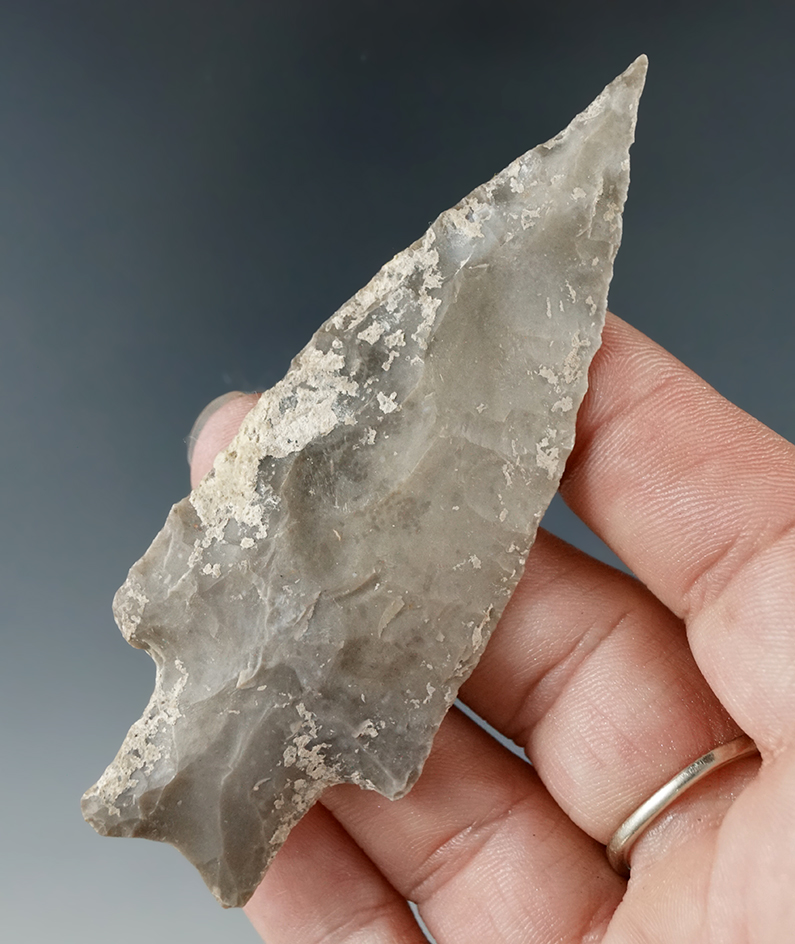 Ex. Museum! Nice needle tip and heavy mineral deposits on this 3 7/16" Uvalde point found in Texas.