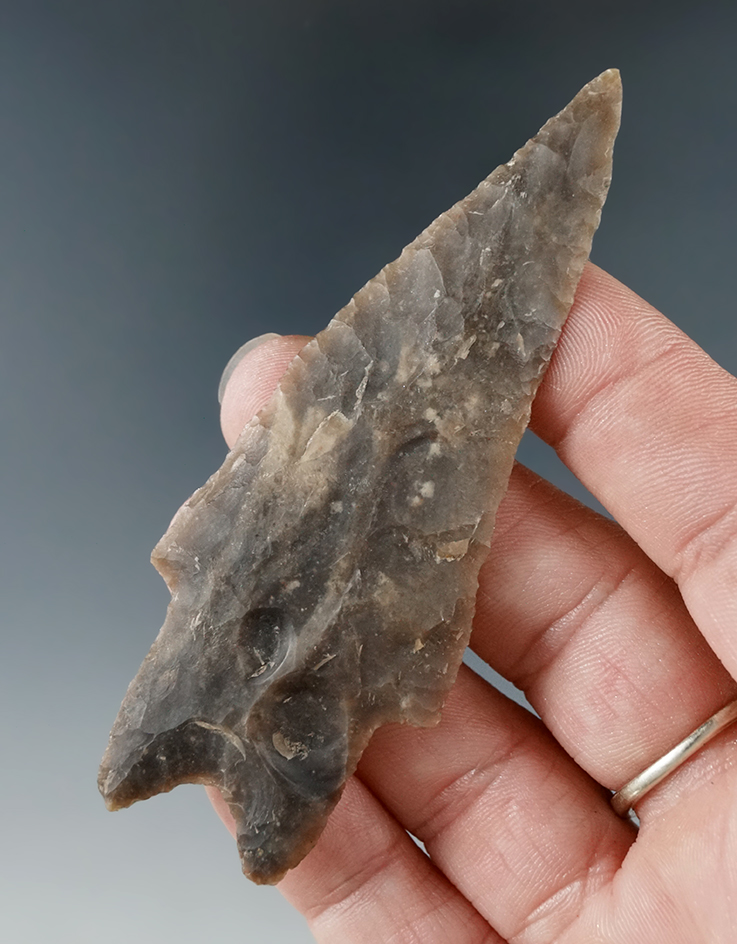 Ex. Museum! 3 3/8" Pedernales point found in Texas that is thin and well made one small fire pop.