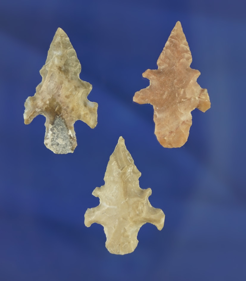Set of three nicely patinated Duran points found in Texas, largest is 1 1/8".