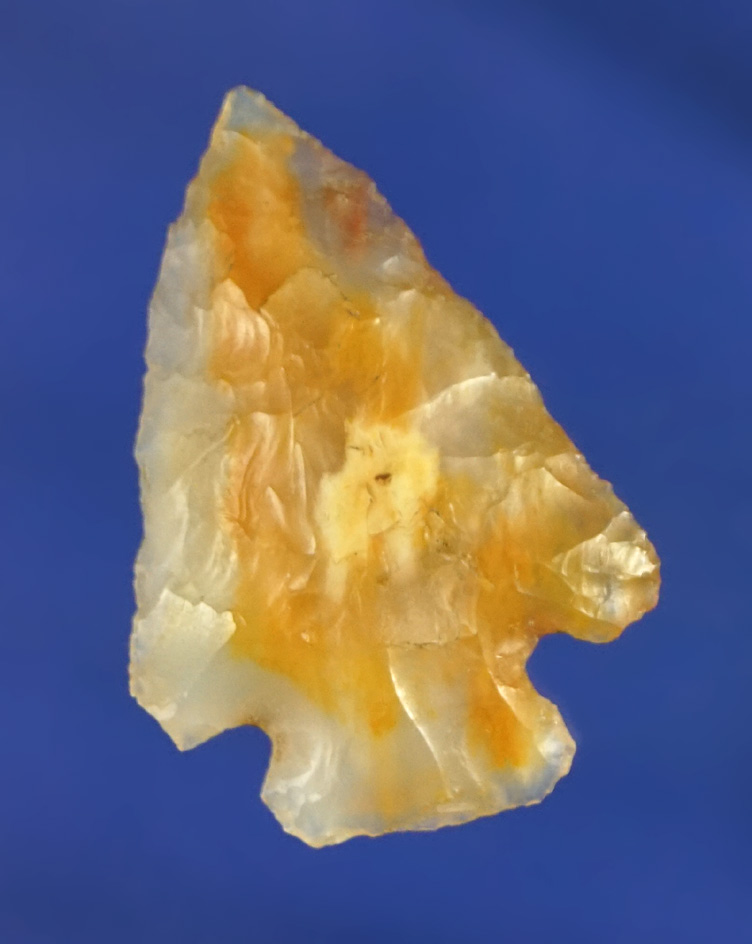 1 1/8" Cornernotch arrowhead made from highly translucent, red and clear agate - Norma Berg.