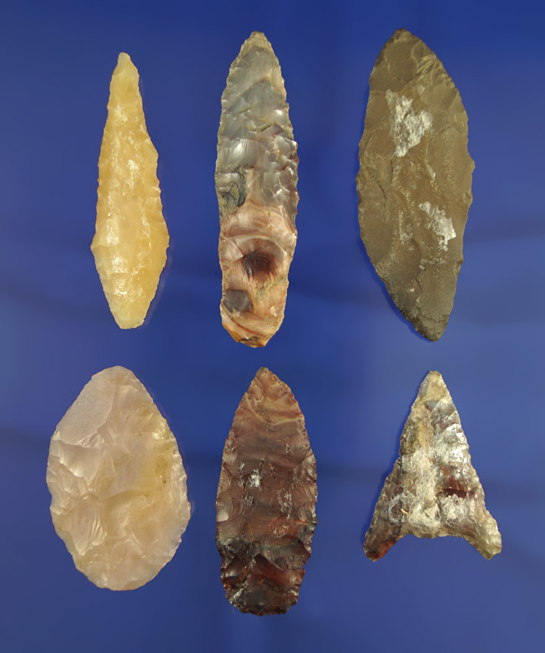 Set of six assorted flint Knives and Projectiles found near the Columbia River, Patterson Washington