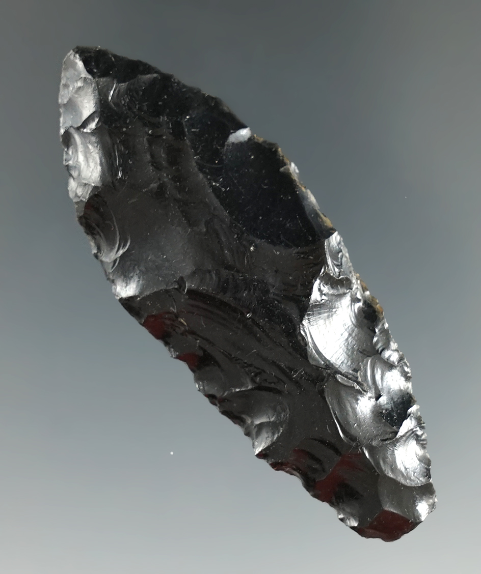 2 1/2" Obsidian Haskett found in Christmas Valley, Oregon. Pictured in Overstreet #10, page 1042. Ex