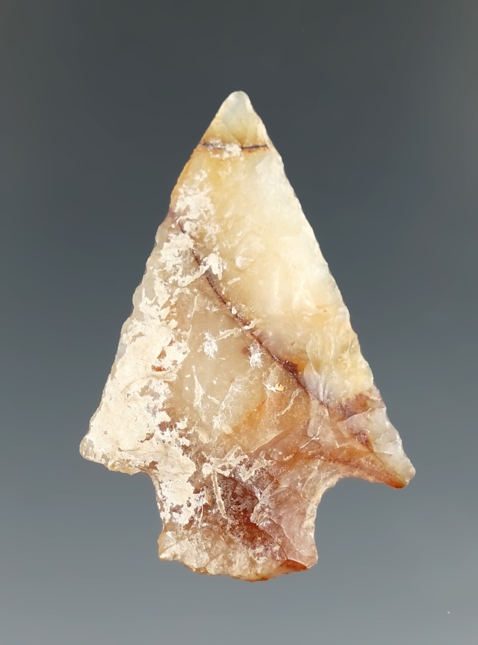 Attractive material on the semi translucent 1 7/16" stemmed arrowhead. Columbia River.