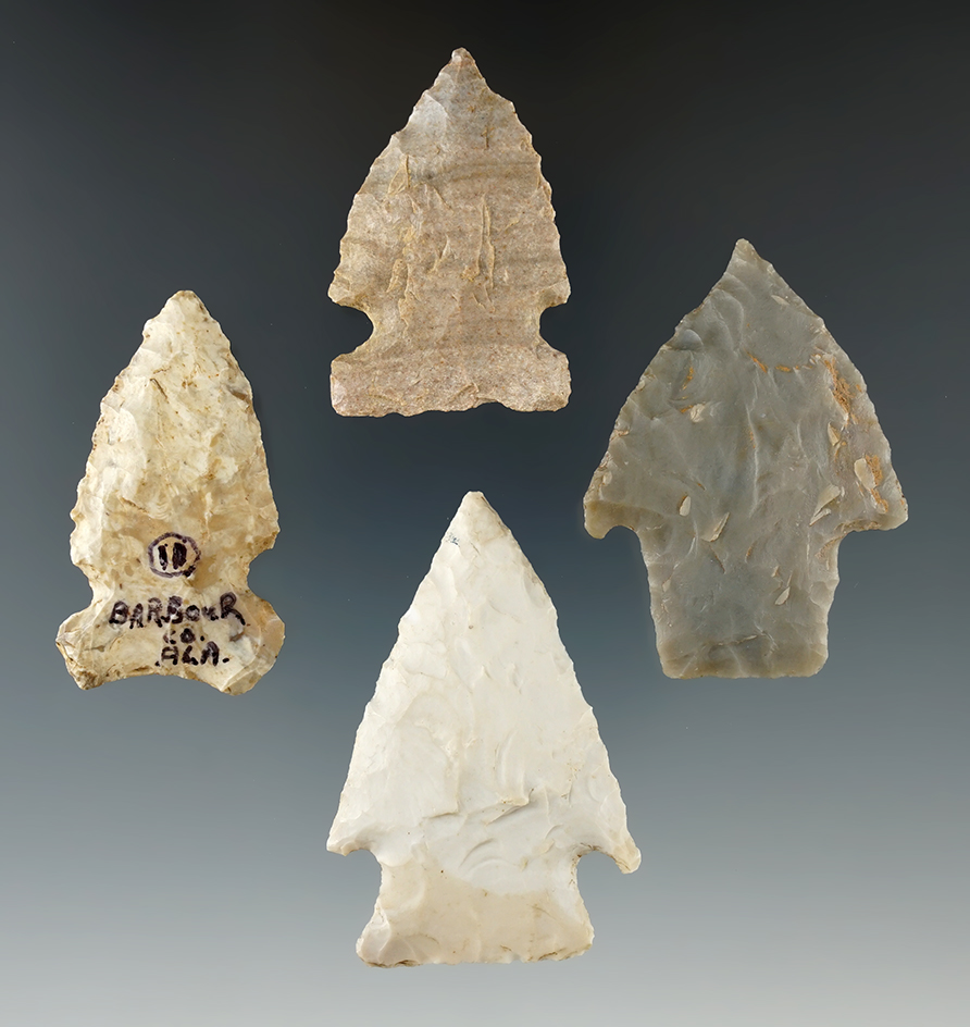Set of four assorted flaked artifacts, largest is 2 1/16". Found in AR/AL/MO.