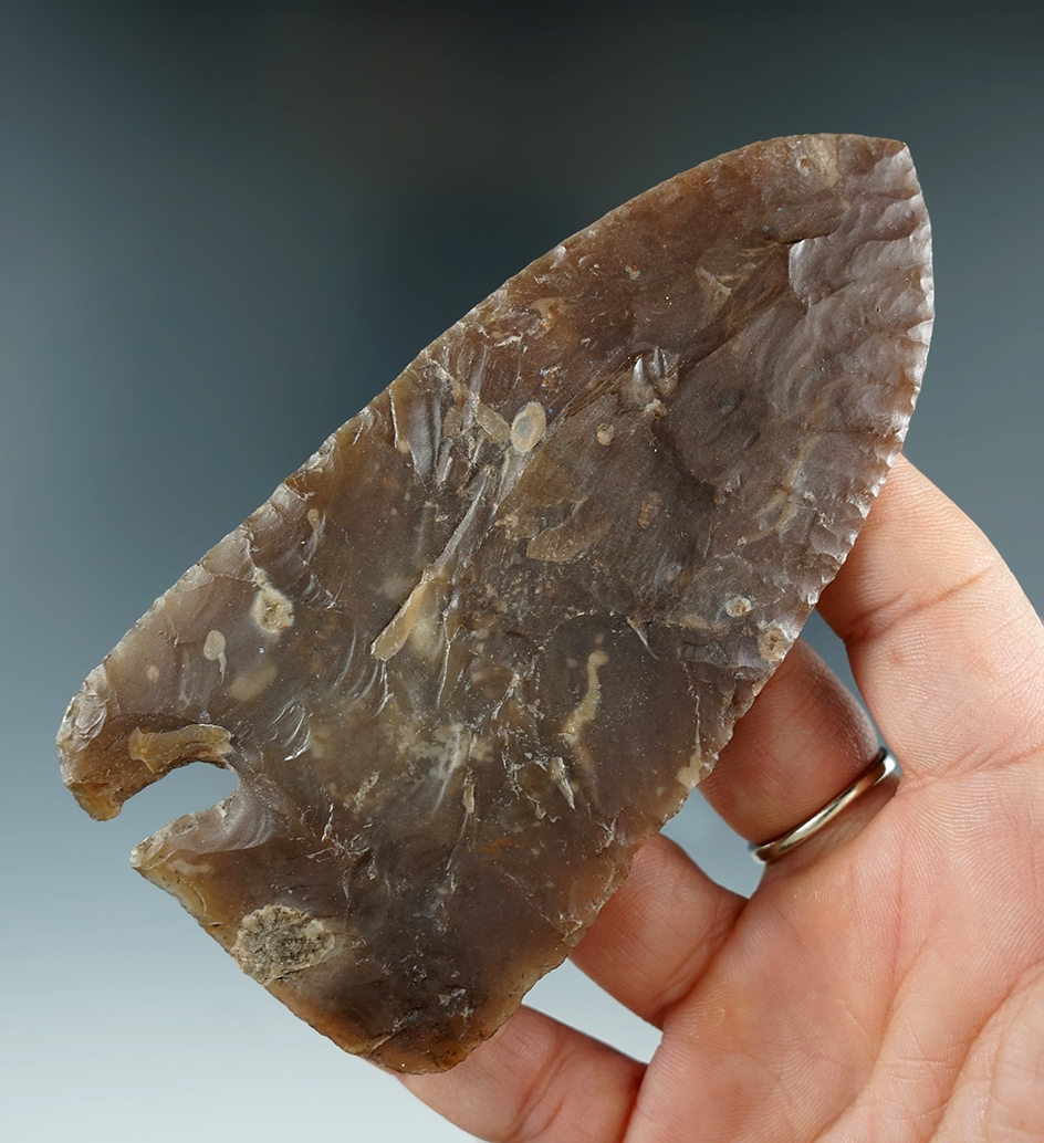 4 3/8" Castroville Single Notch, top half of point has been professionally restored. Central Texas.