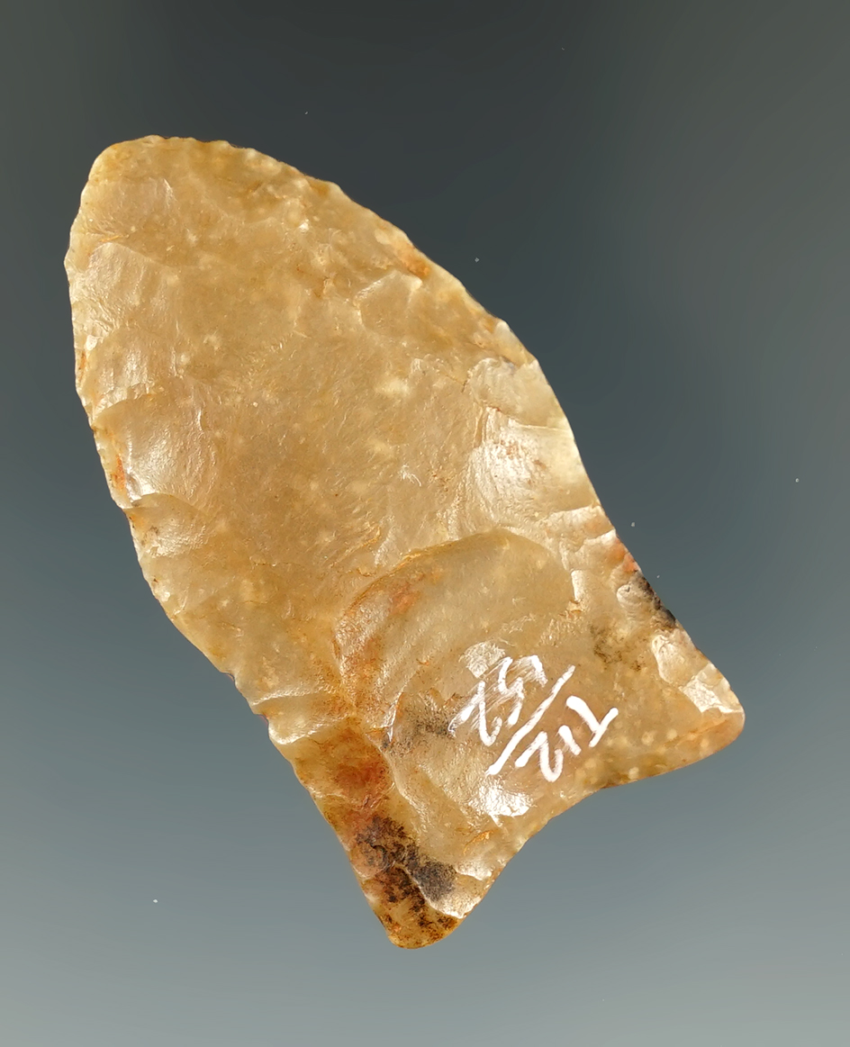 1 15/16" Clovis made from high quality flint.  Ran Saba Co., Texas. Jackson COA.