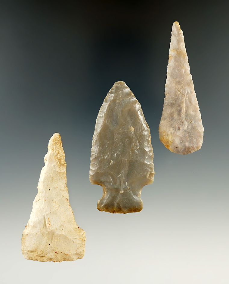 Set of 3 Assorted Kentucky Arrowheads, largest is 2 3/8".