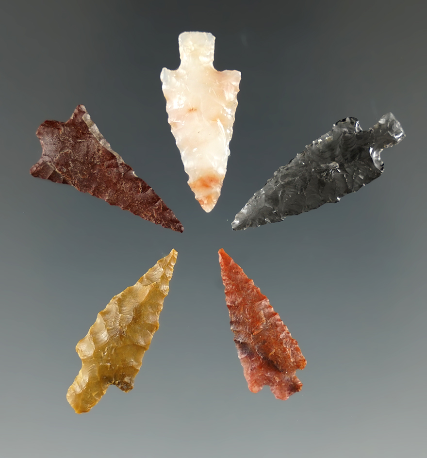 Set of 5 Assorted Arrowheads, largest is 1 1/8".  found near the Hood River, Oregon.