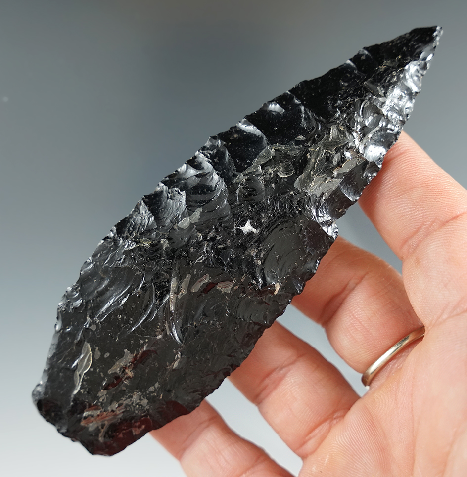 4 1/2" Paleo Windust made from Obsidian found in Oregon. Ex. Jim Hogue, John Hayden.