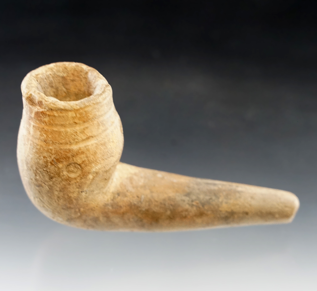 3 9/16" Uniquely styled Owasco Bulbous Form Bowl Pipe with restoration at elbow. New York.