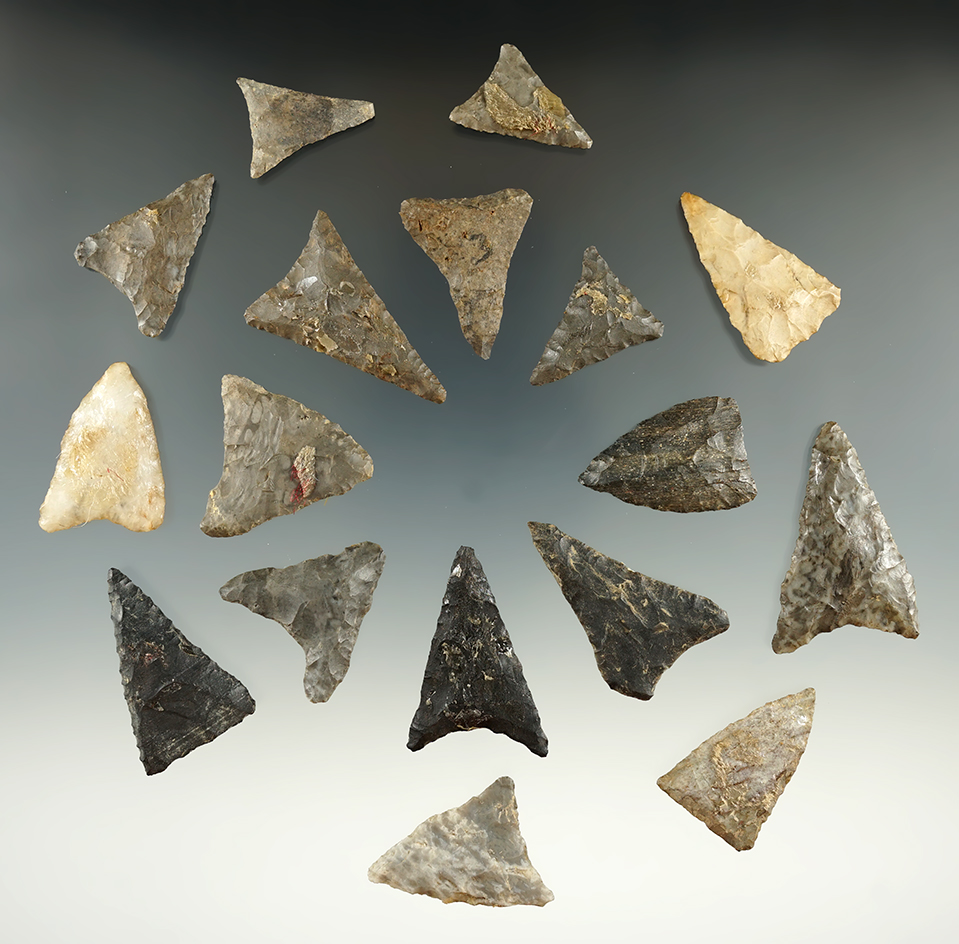 Nice set of 17 triangle points found in New York, largest is 1 9/16".