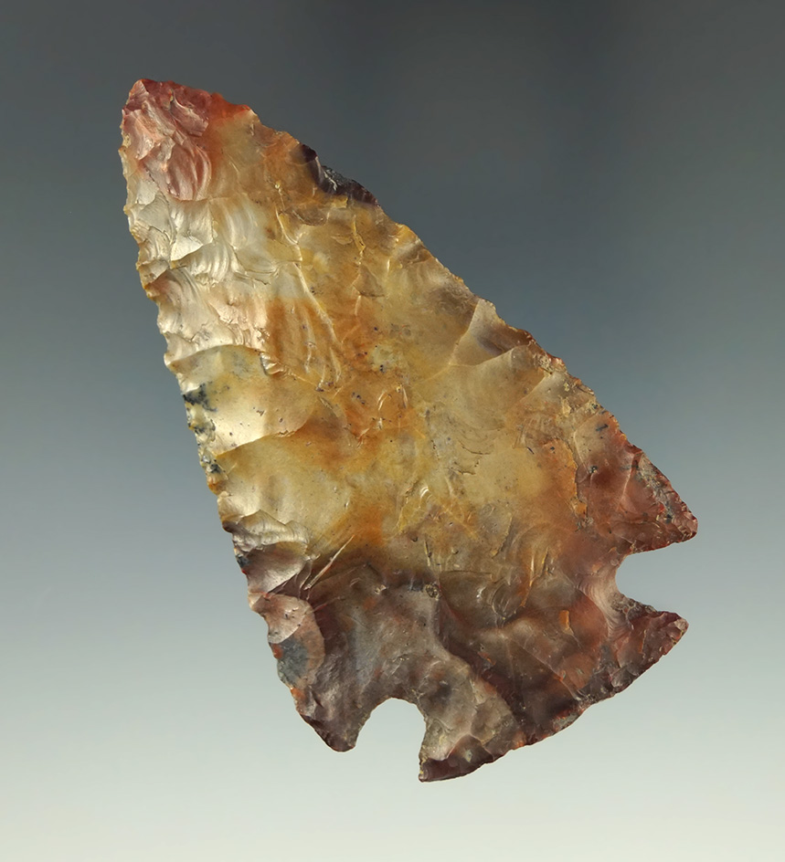 Multi-colored 3" Flint Ridge Classic Hopewell found in Licking Co., Ohio. Bennett COA.