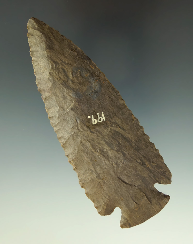 4 1/8" Dover Flint Dovetail found in Dyer Co., Tennessee. Ex. Dean Driskill, #199.