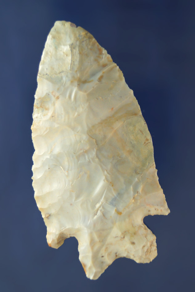 3 5/16" Flint Ridge Flint Bifurcate with restoration to 3/4" of tip area. Very nicely flaked, found