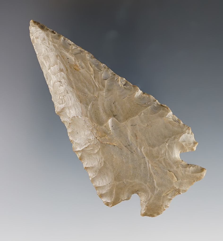 3 1/2" beveled hornstone knife found in Ohio with very old tag on one side.