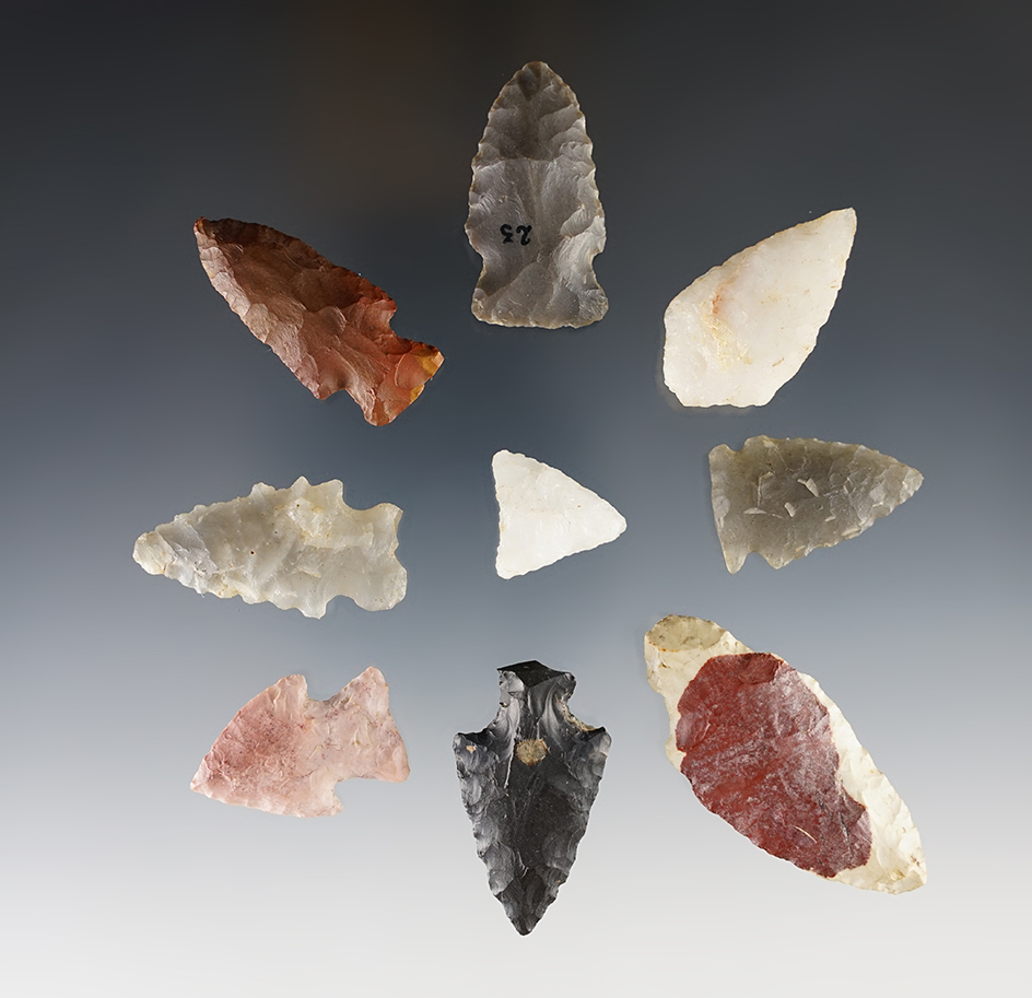 Set of 9 points found in various locations. The largest is 2 1/8".