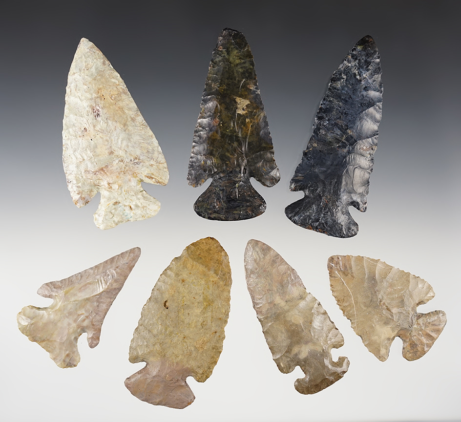 Set of 7 heavily restored Thebes points from Ohio. The largest is 4".