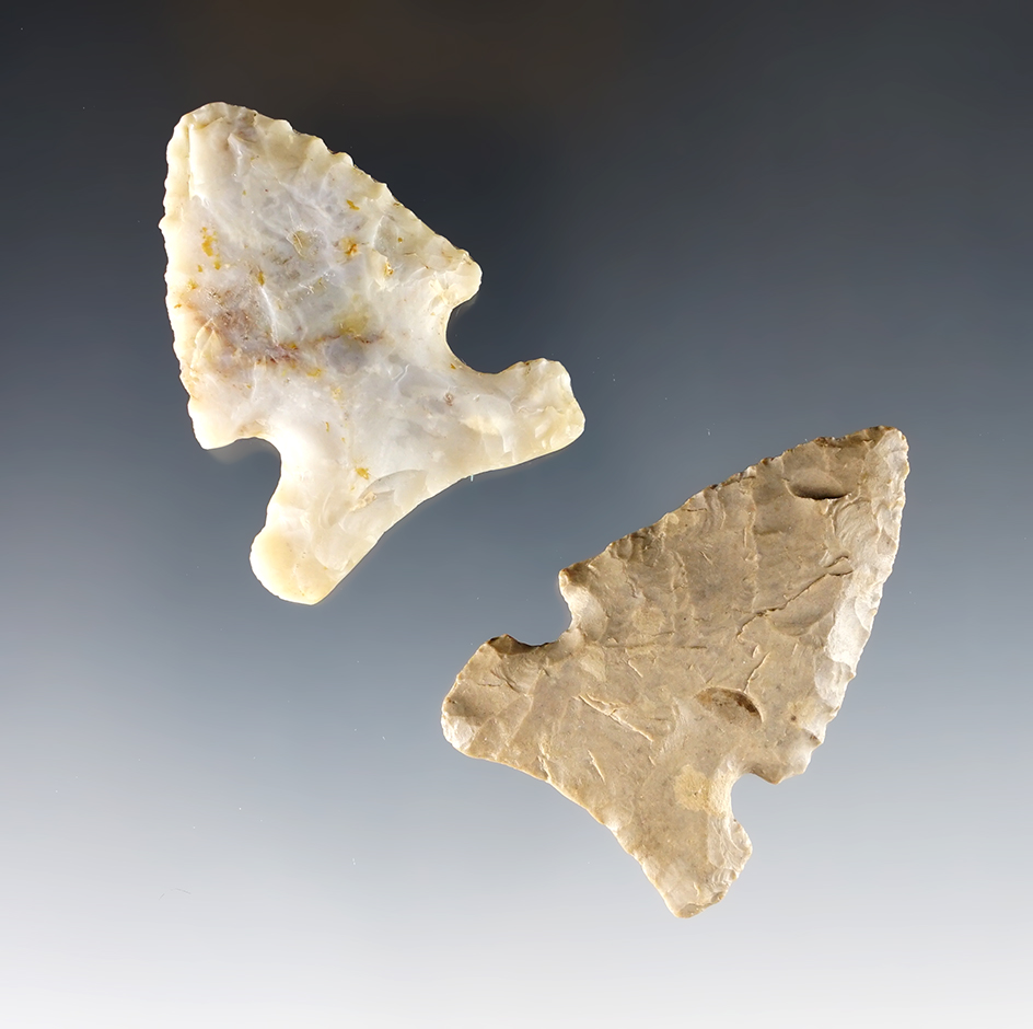 Pair of Archaic side notched points in very good condition found in Ohio. Largest is 2".