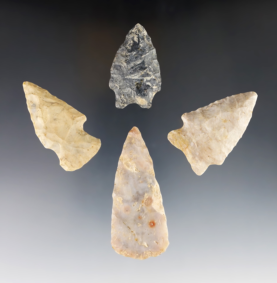 Set of four Ohio Flint artifacts including a Transitional Paleo and 2 3/4" Hopewell blade.