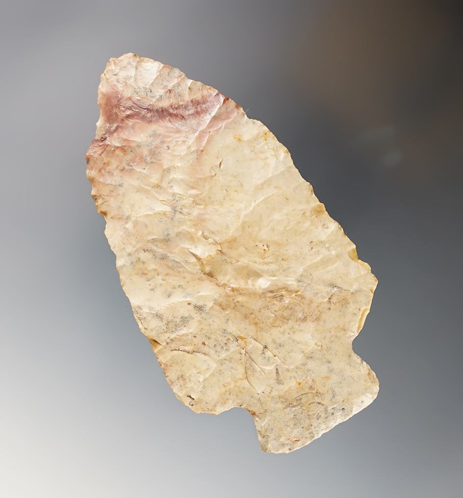 Colorful 3 9/16" Broad Blade made from Flint Ridge Nethers. Found in Hardin Co., Ohio.