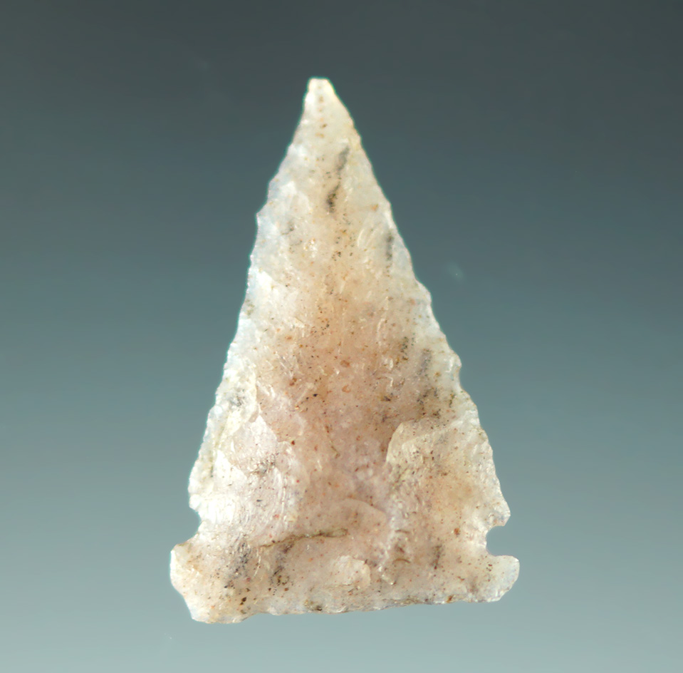 7/8" arrowhead - incredible micro-sidenotches - attractive semi translucent pink material. CA.