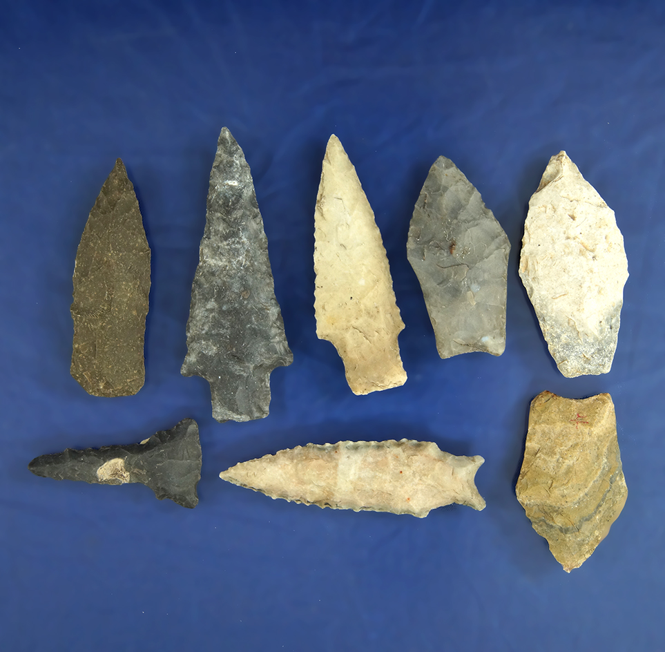 Set of eight assorted Midwestern Arrowheads, largest is 2 9/16".