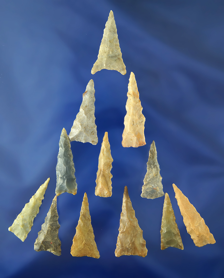 Set of 12 nice serrated Kentucky triangular Arrowheads, largest is 1 1/2".