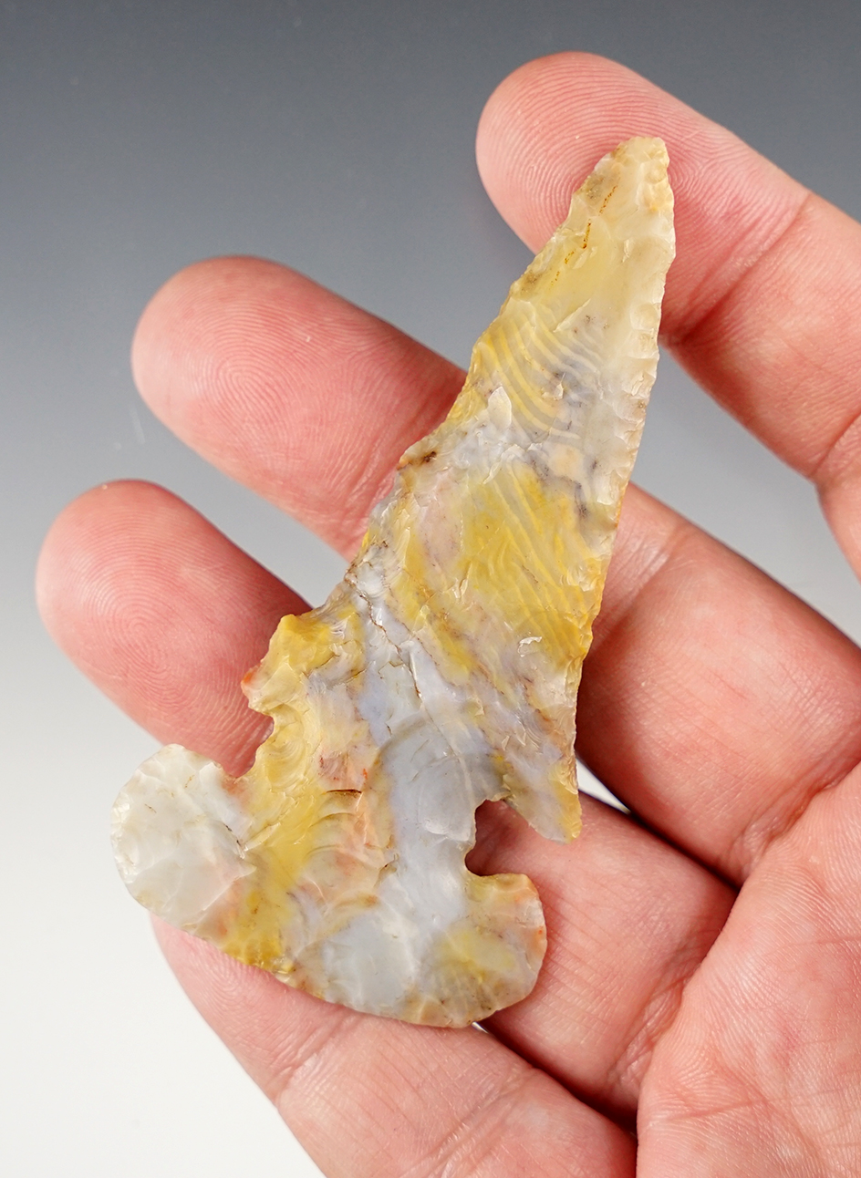 3 3/16" Archaic Thebes E notch that is broken and glued tight near the ears, Franklin Co., Ohio. 