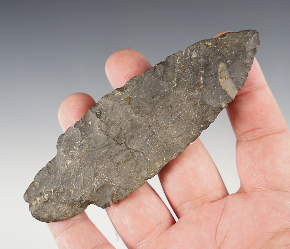 4 11/16" Adena made from Nellie variety Coshocton Flint found in Hardin Co., Ohio. Ex. Driskill.