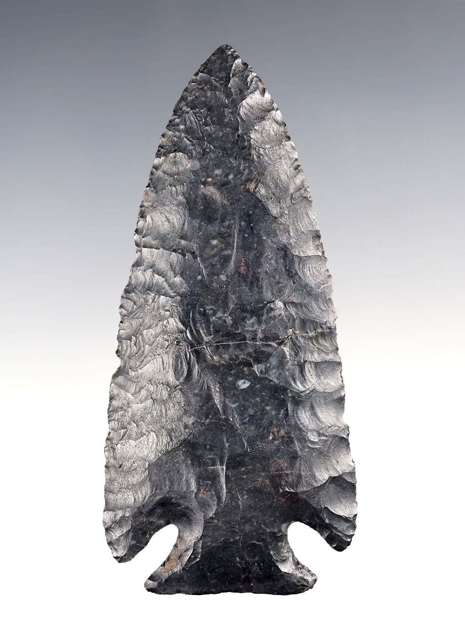 4" Archaic Thebes Bevel that is beautifully flaked from Coshocton Flint, Delaware Co., Ohio. 