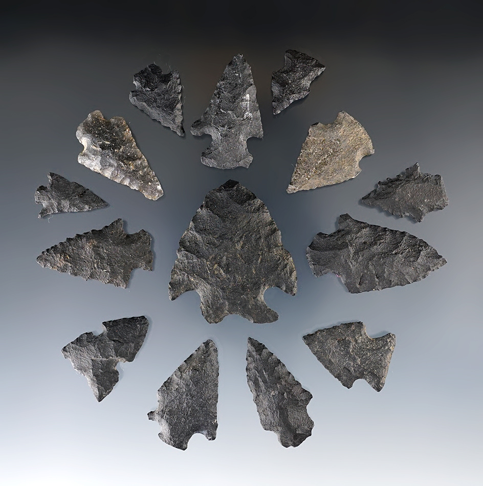 Set of 14 Basalt Arrowheads found in New Mexico. Largest is 1 11/16".