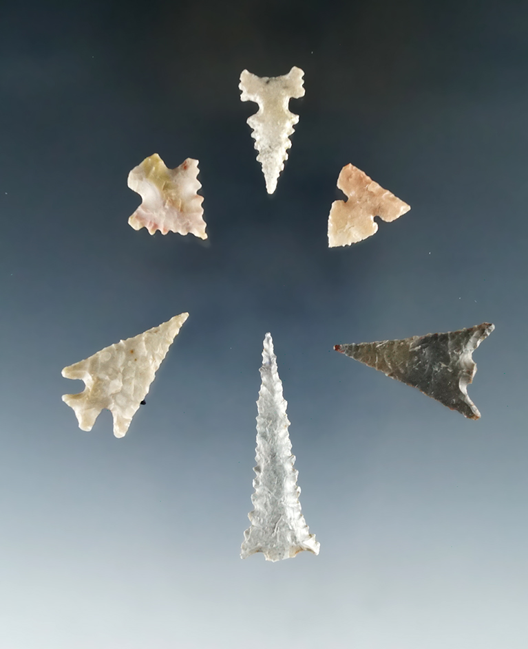 Six Texas bird points, a few are very nicely serrated. Largest is 1 9/16".