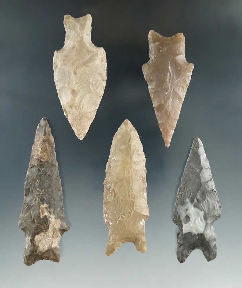 Set of five Texas arrowheads, largest is 2 7/8".