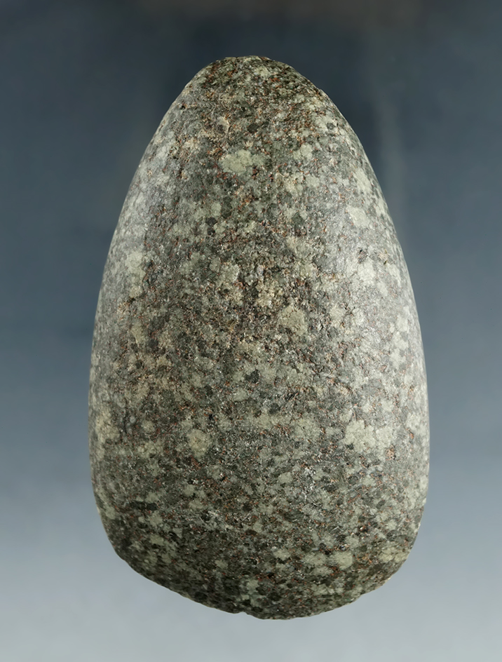 3 1/8" black and green speckled granite Celt found in Ross Co., Ohio. Ex. Rindt collection.