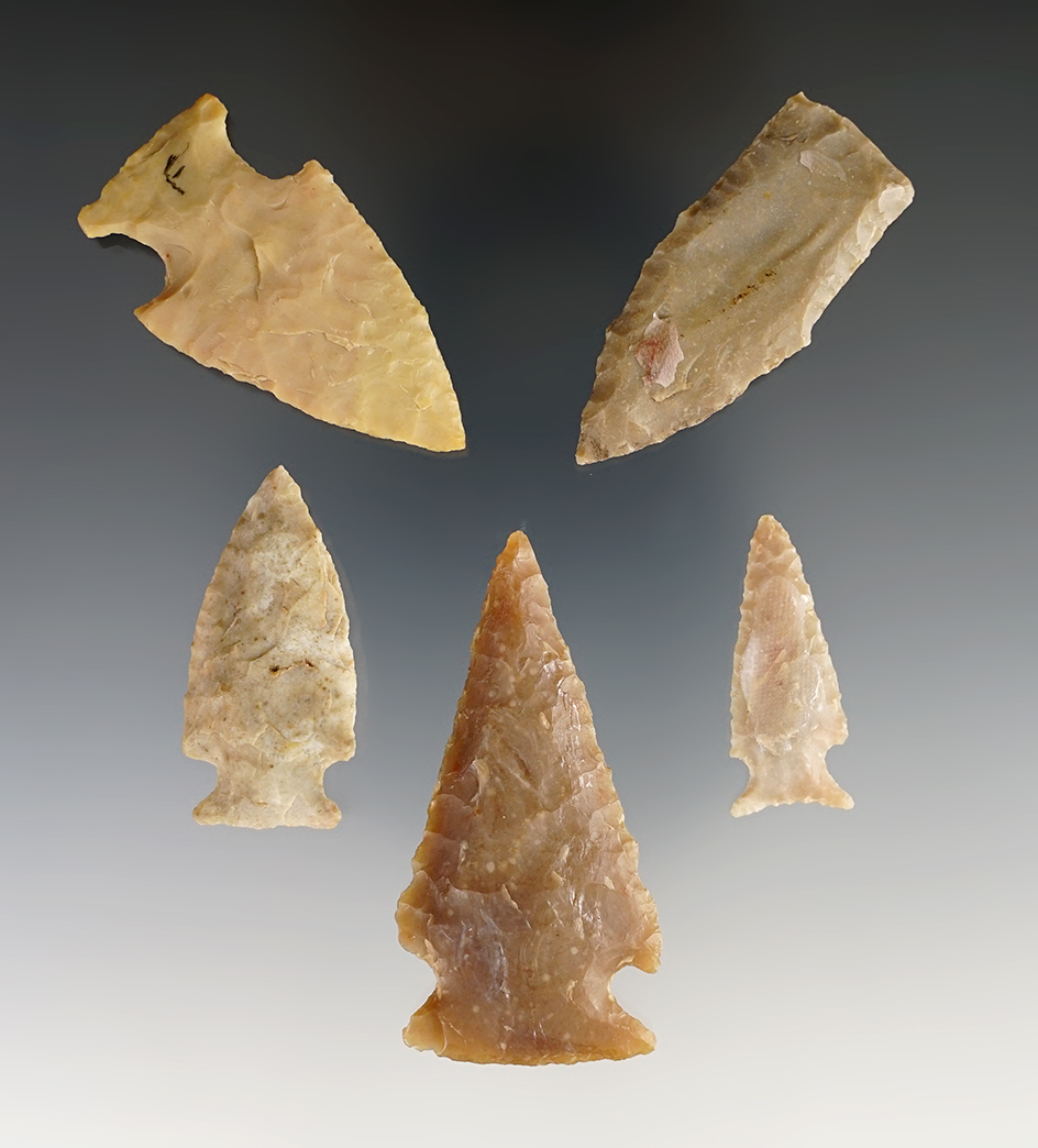 Set of 5 assorted points found in the Texas area. Largest is 2 1/8".