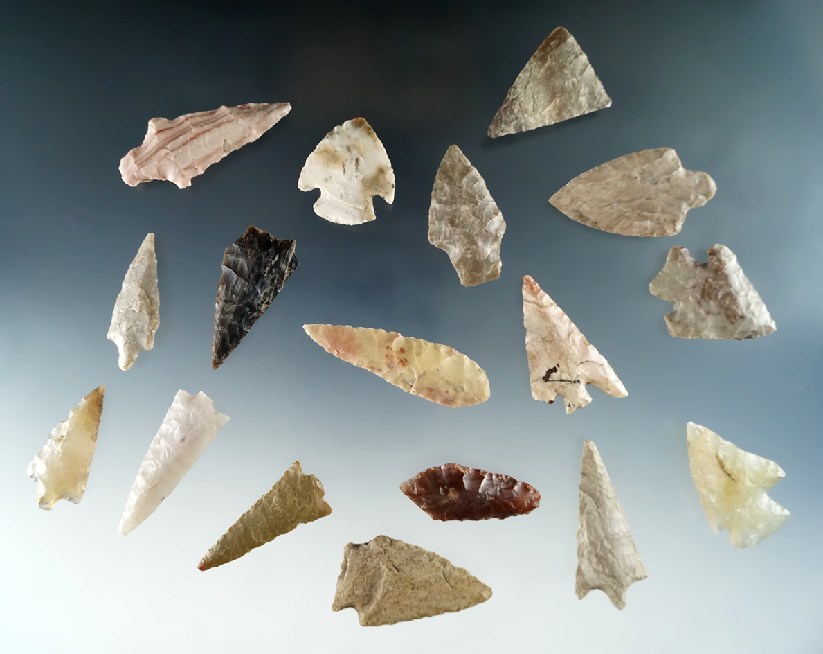 Set of 17 assorted arrowheads found near the Columbia River, largest is 1 3/4".