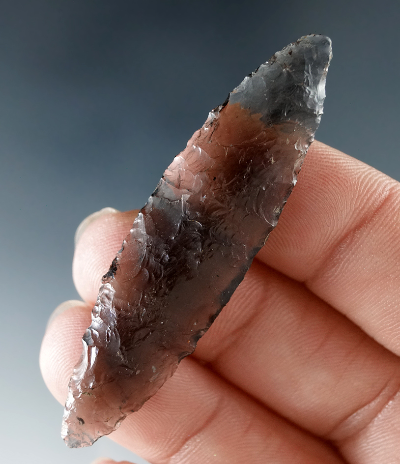Beautifully flaked 2 1/4" Bi-point made from highly translucent obsidian found in Oregon.