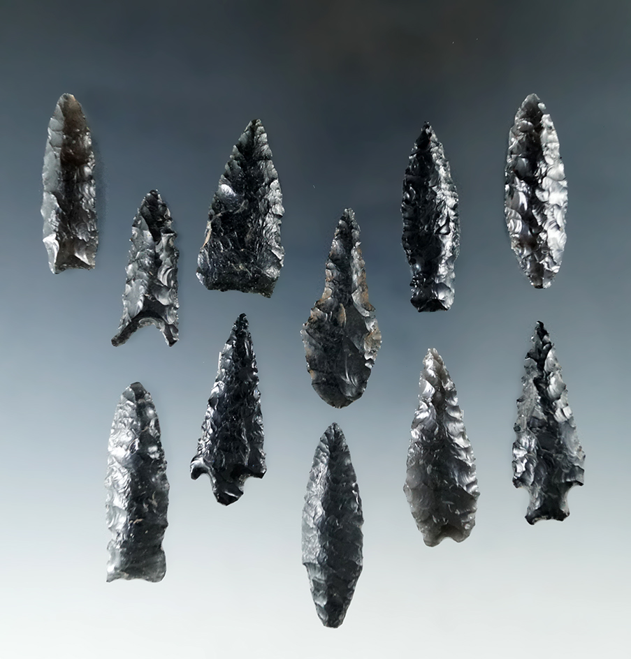 Set of 10 obsidian arrowheads found in Oregon, largest is 1 3/4".