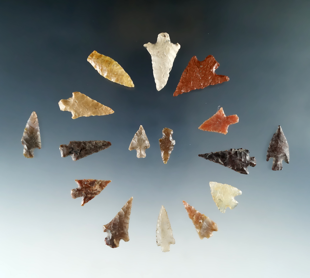 Set of 16 assorted Columbia River arrowheads, largest is 1 1/16".