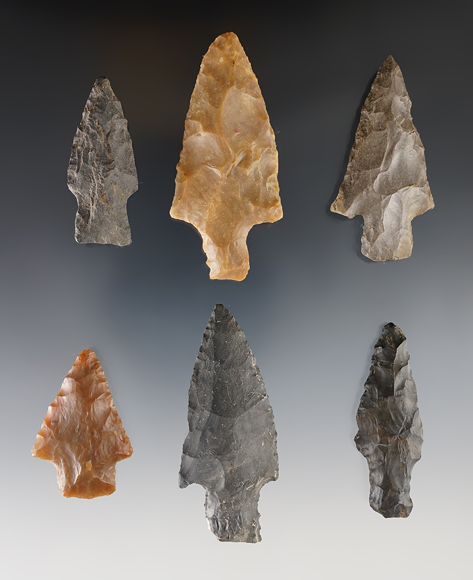 6 assorted Ohio Archaic Stemmed Points from Crawford, Morrow, and Richland Counties. 