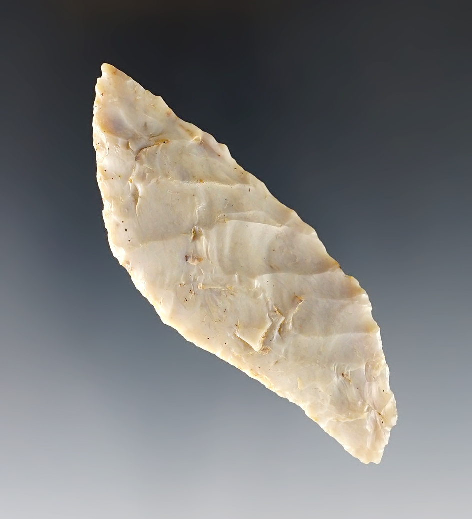 3 1/4" rare uniquely styled curved knife with oblique transverse flaking. Crawford Co., Ohio.