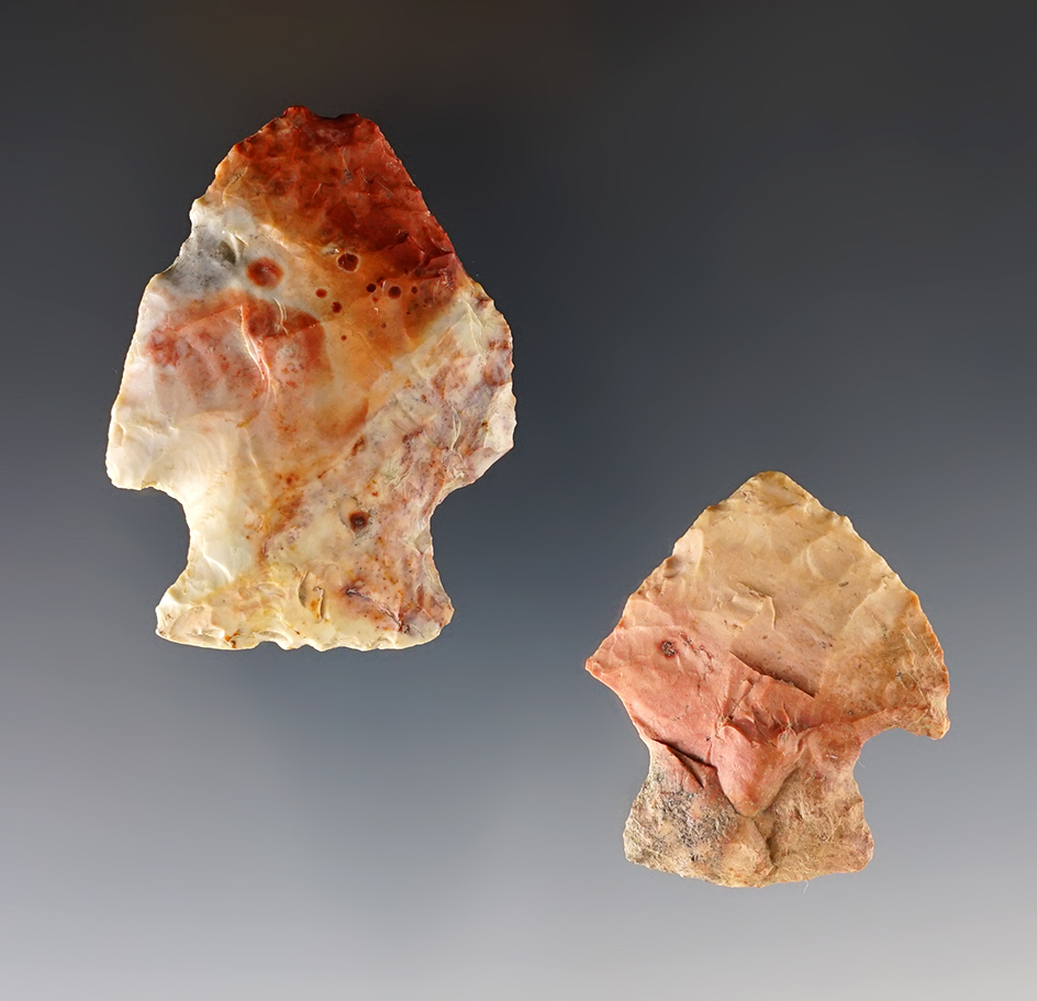 Two colorful Ohio Hopewell Points. Great colorful examples. The largest is 2 3/16".
